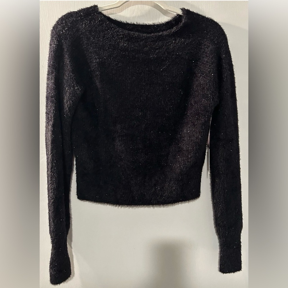 NEW Happily Grey Fuzzy Black boat neck stretchy sparkle cropped Sweater Size M